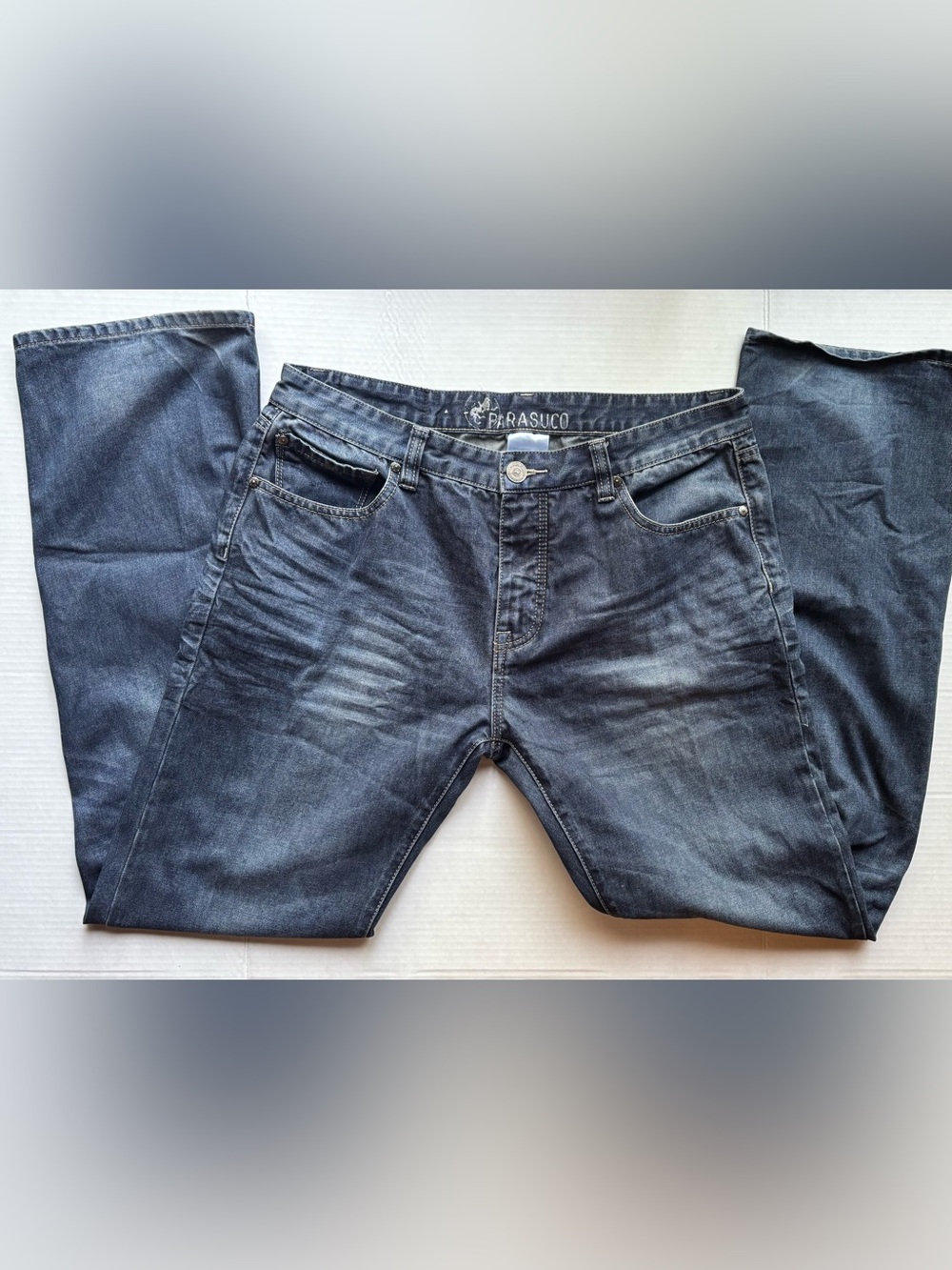 Parasuco washed dark blue denim straight leg jeans Y2K indie sleaze grunge moto